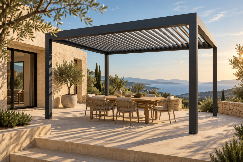 Illustration d’une terrasse en pierre sous une pergola anthracite à lames orientables